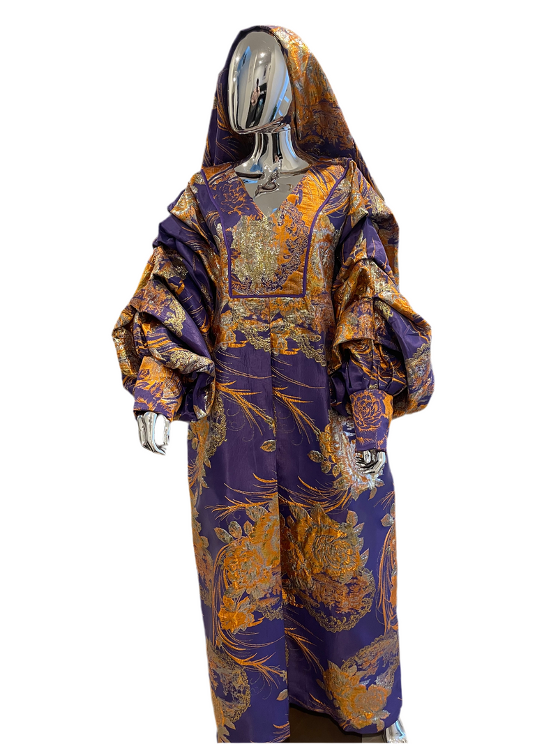 Purple Orange Floral and Gold African Pleated Sleeves Damask Bubu Boubou Elegant Event Dress
