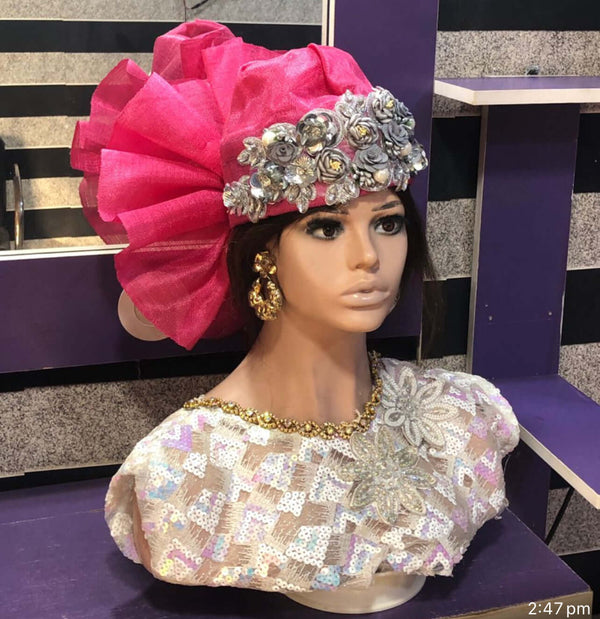 Pink &white Damask Fabric ready to wear Zara Cap