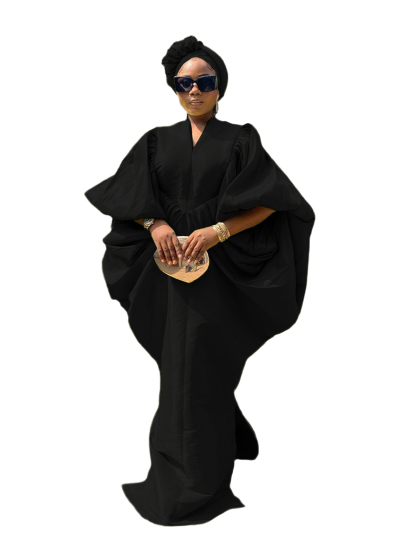 Black Raw Silk Fabric with Free Side Pleated Bubu Boubou dress with Turban