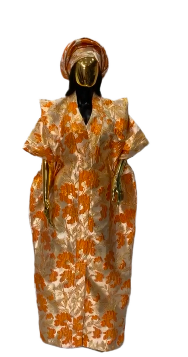 Orange African Damask Brocade  Bubu Boubou Elegant Event Dress