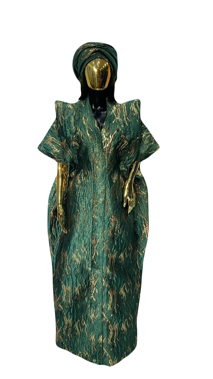 Royal Green and Gold African Damask Bubu Boubou Elegant Event Dress