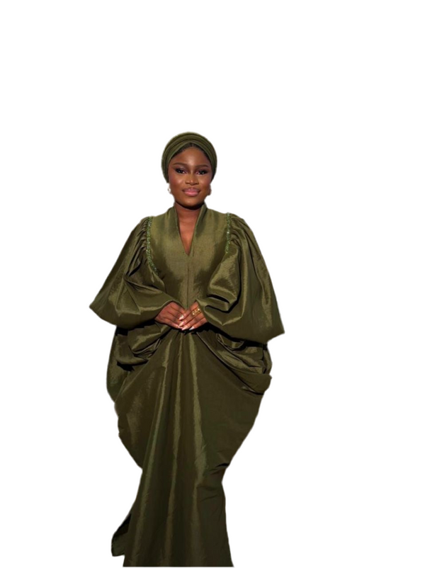 Green Raw Silk Fabric with Free Side Pleated Bubu Boubou dress with Turban
