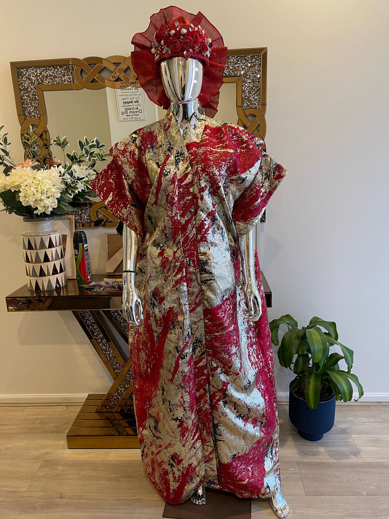 Red, Silver & Gold African Damask Brocade Bubu Boubou Elegant Event Dress
