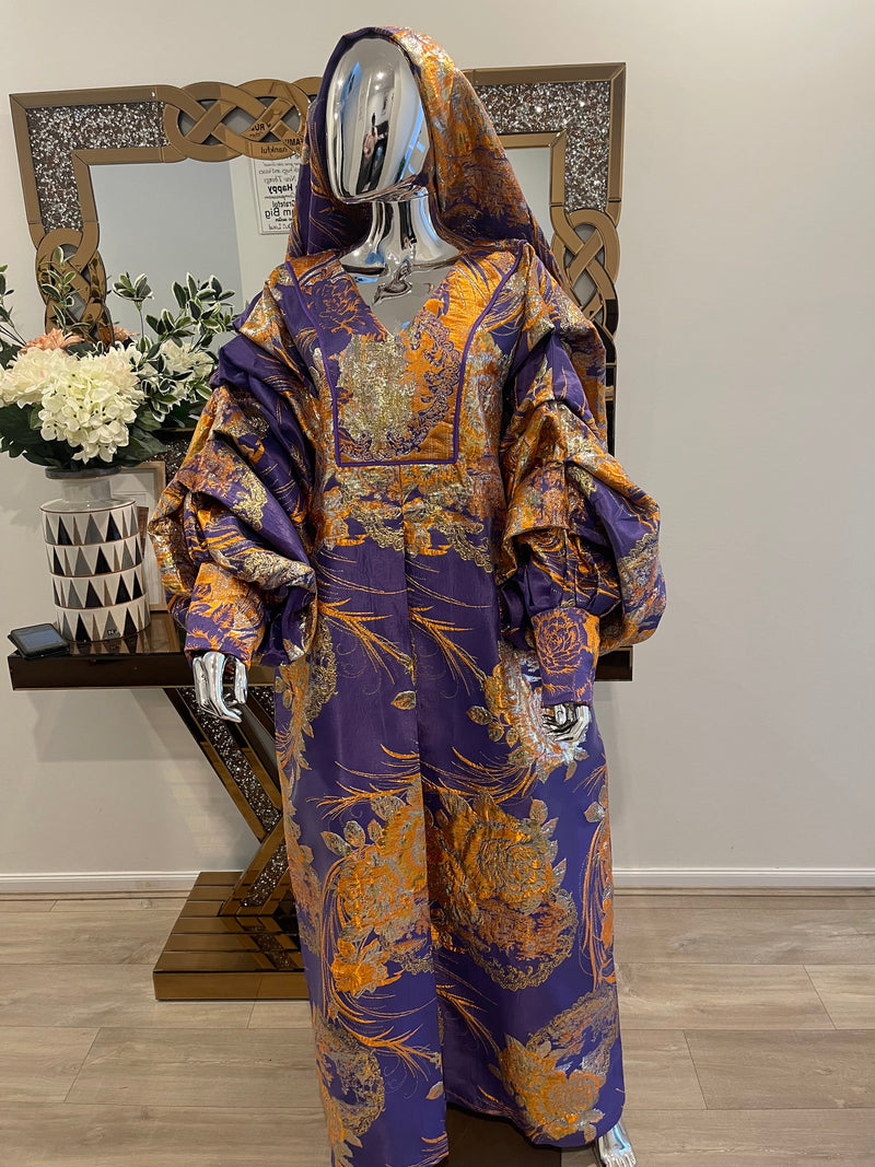 Purple Orange Floral and Gold African Pleated Sleeves Damask Bubu Boubou Elegant Event Dress