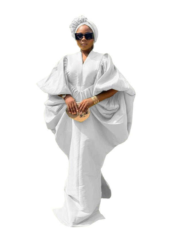 White Raw Silk Fabric with Free Side Pleated Bubu Boubou dress with Turban