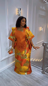 Luxury Orange African Kaftan Dress for Women | Elegant Fringe Maxi Gown | Traditional Party & Wedding Outfit