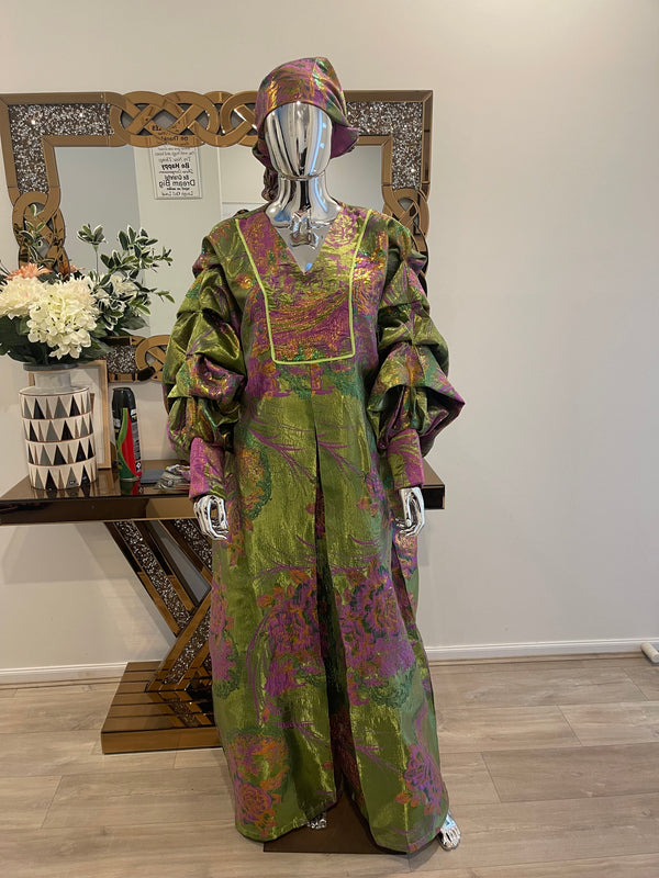 Green and Pink Floral with Gold African Pleated Sleeves  Damask Bubu Boubou Elegant Event Dress