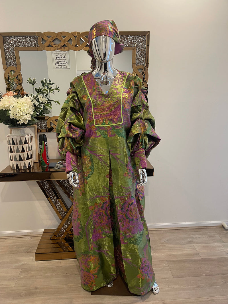 Green and Pink Floral with Gold African Pleated Sleeves  Damask Bubu Boubou Elegant Event Dress
