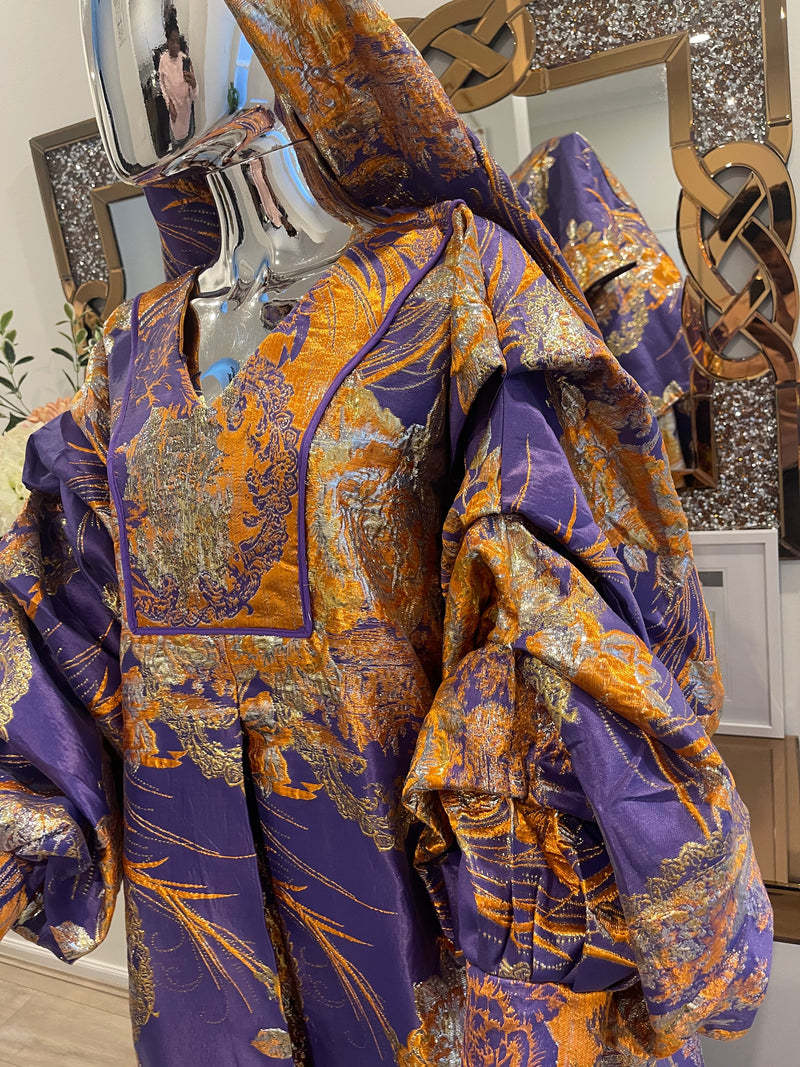Purple Orange Floral and Gold African Pleated Sleeves Damask Bubu Boubou Elegant Event Dress