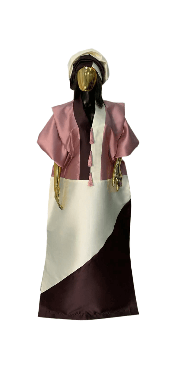Blush Pink, White and Chocolate Brown Satin African Damask Bubu Boubou Elegant Event Dress