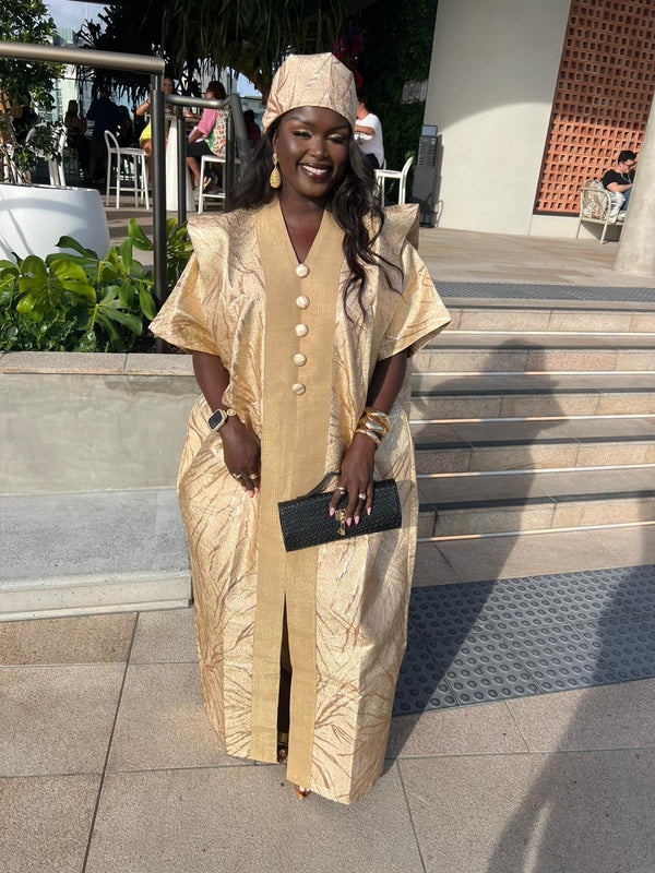 Gold African Damask Brocade  Bubu Boubou Elegant Event Dress