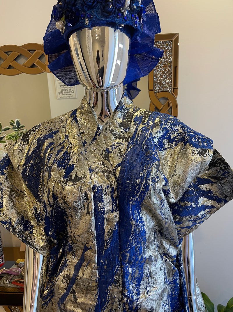 Royal Blue, Silver & Gold African Damask Brocade Bubu Boubou Elegant Event Dress