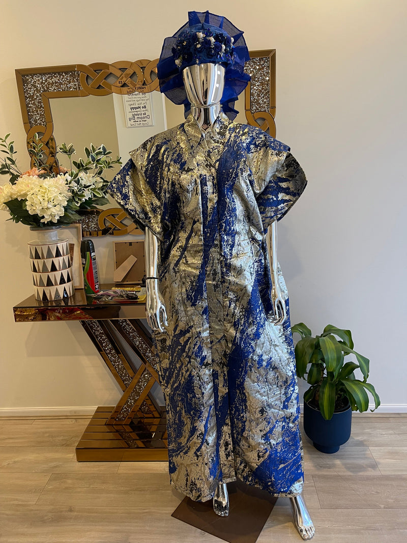 Royal Blue, Silver & Gold African Damask Brocade Bubu Boubou Elegant Event Dress