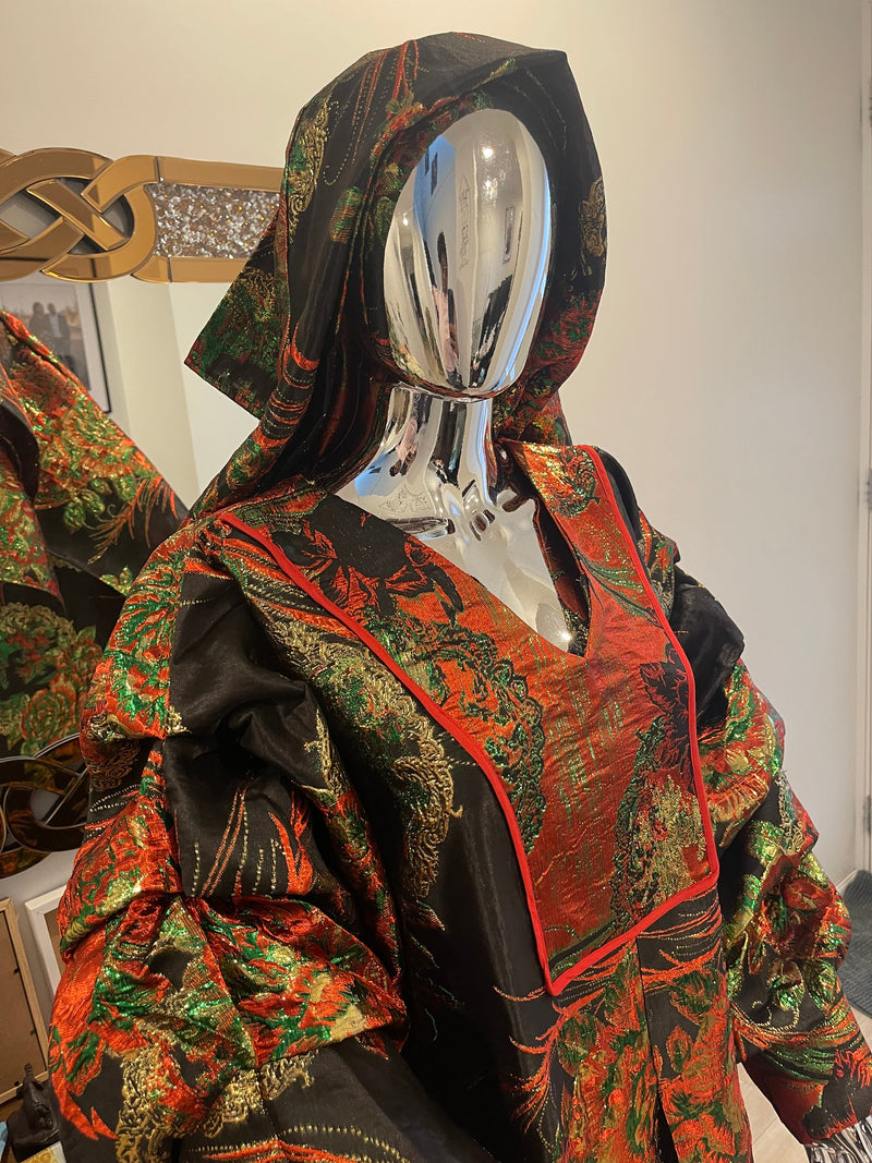 Black and Red Floral and Gold African Pleated Sleeves  Damask Bubu Boubou Elegant Event Dress