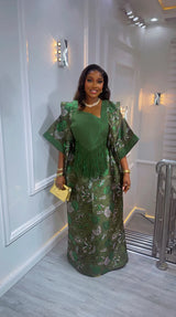 Luxury Green African Kaftan Dress for Women | Elegant Fringe Maxi Gown | Traditional Party & Wedding Outfit