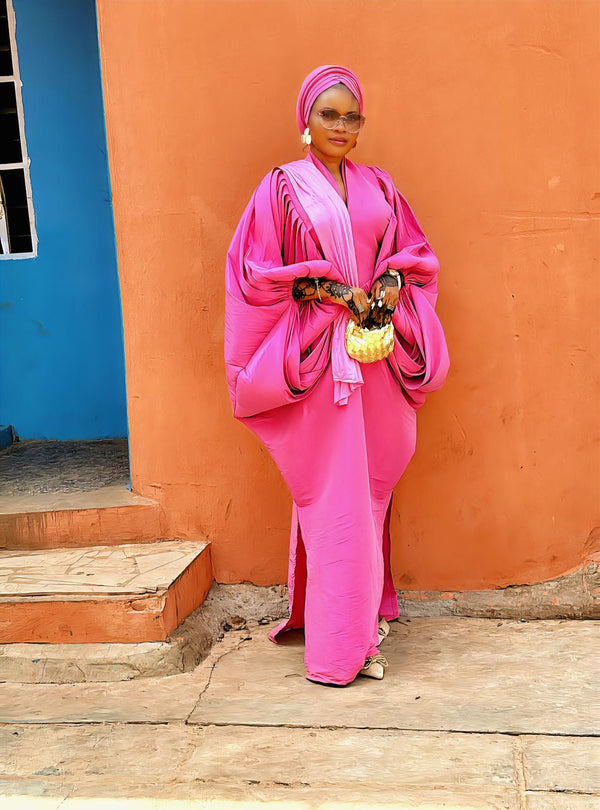 Pink Raw Silk Fabric with Free Side Pleated Bubu Boubou dress with Turban