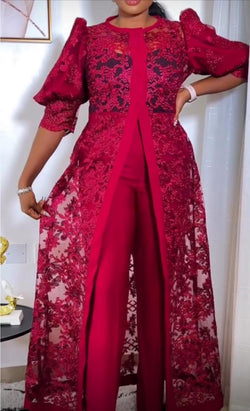Red 2 Piece Long Top Jacket & Pair of Trousers Elegant Event Wear