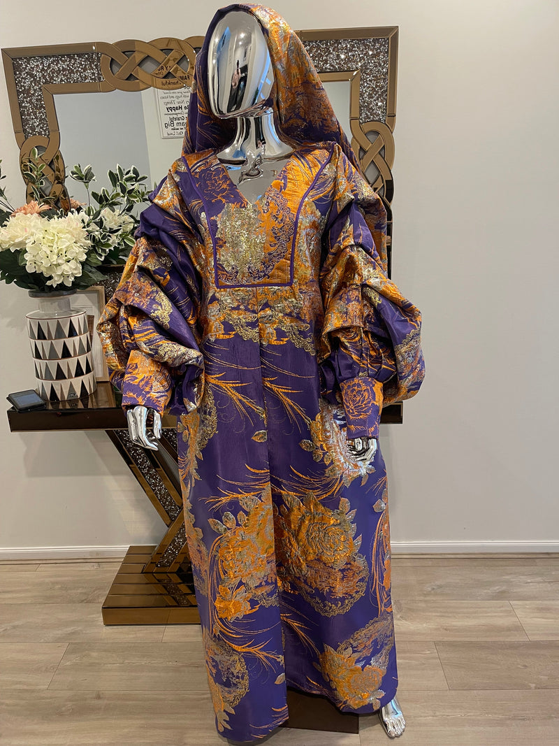 Purple Orange Floral and Gold African Pleated Sleeves Damask Bubu Boubou Elegant Event Dress