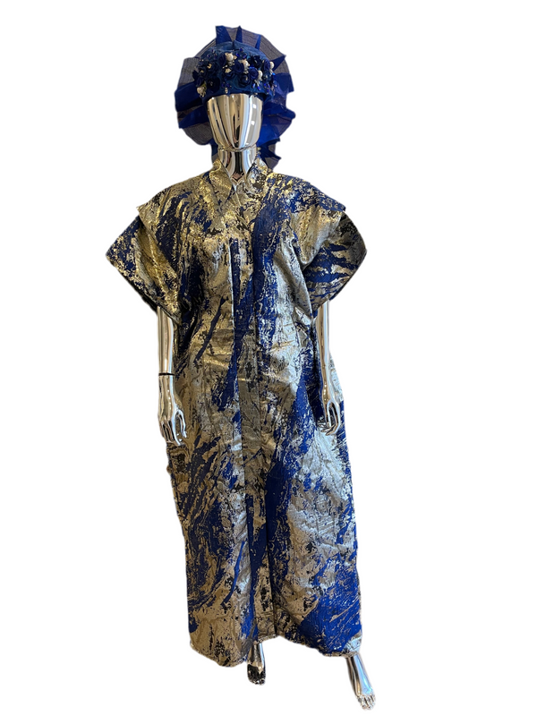 Royal Blue, Silver & Gold African Damask Brocade Bubu Boubou Elegant Event Dress