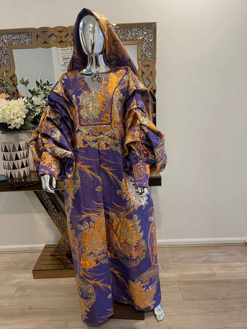 Purple Orange Floral and Gold African Pleated Sleeves Damask Bubu Boubou Elegant Event Dress