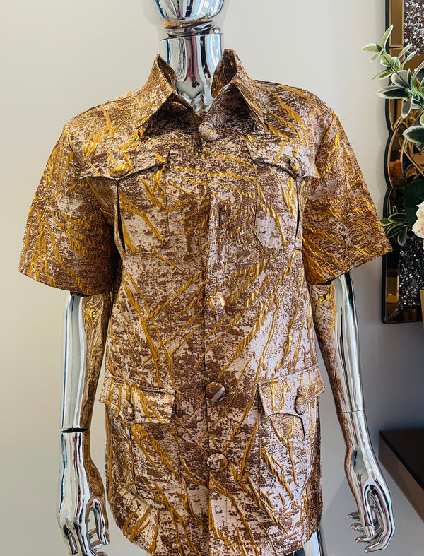 Umunde Brown and Shiny Gold Stripes African Damask Kaunda Safari Men’s Shirt