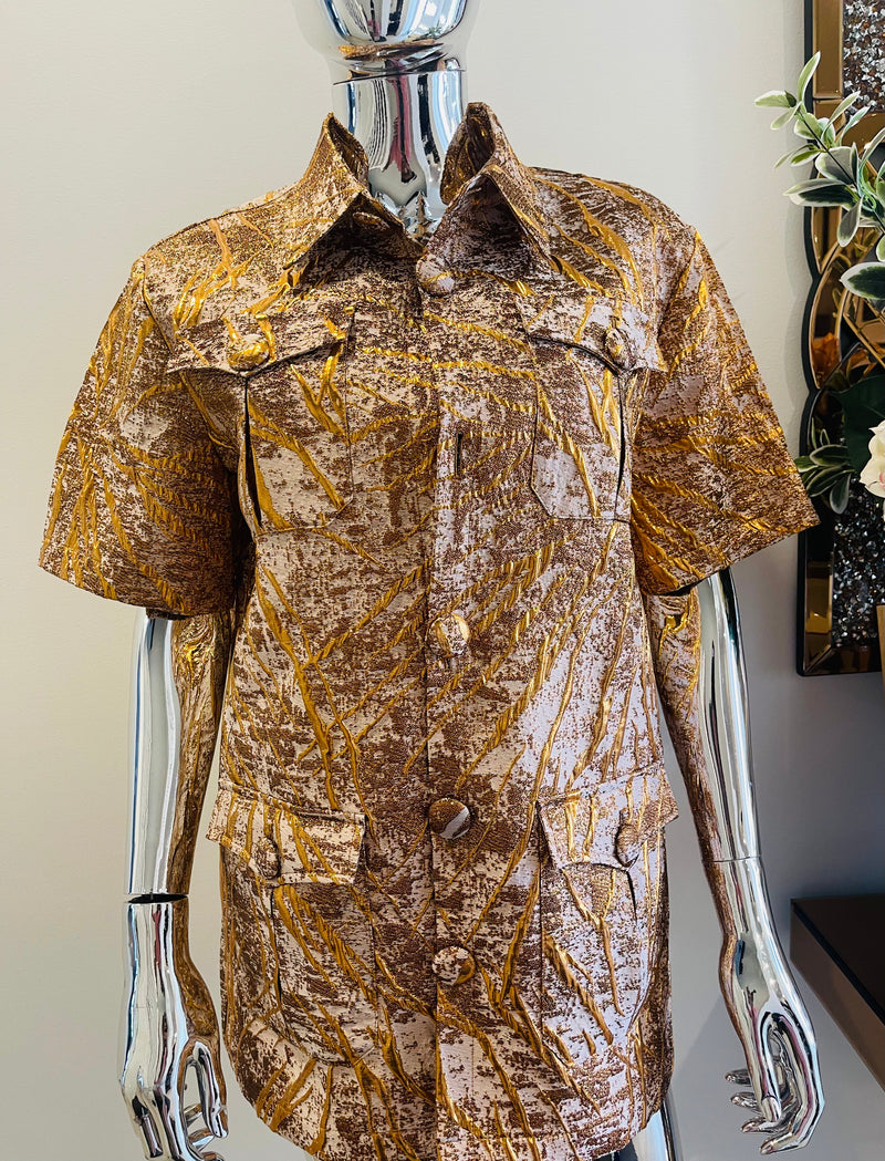 Umunde Brown and Shiny Gold Stripes African Damask Kaunda Safari Men’s Shirt