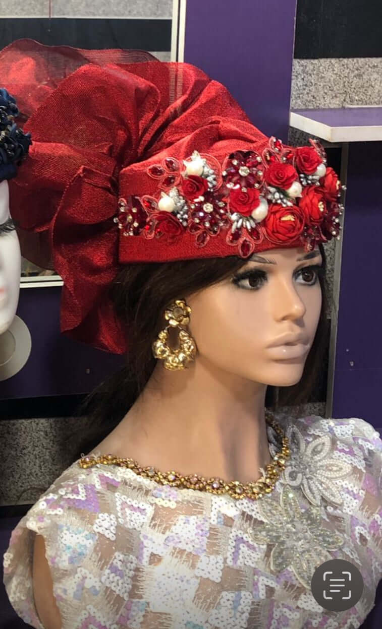 Red Asooke Fabric ready to wear Zara Cap