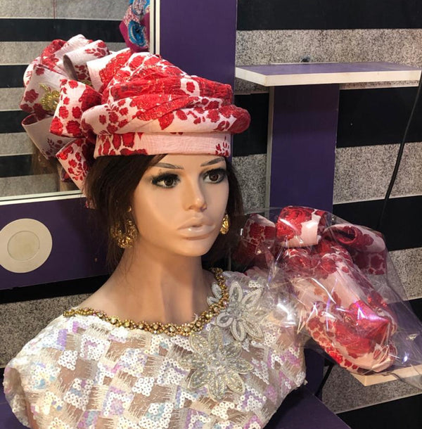 Red & white Damask Fabric ready to wear Zara Cap