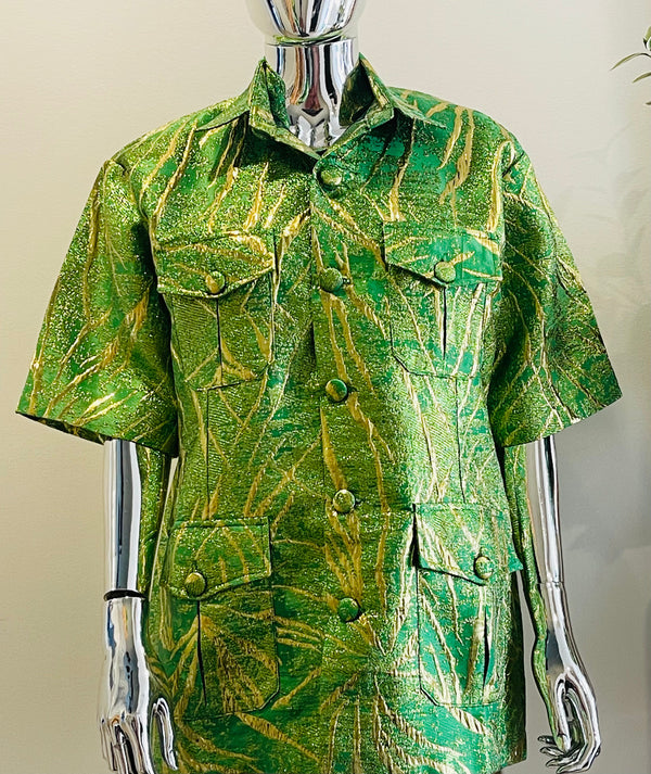 Umunde Green and Gold African Damask Kaunda Safari Men’s Shirt