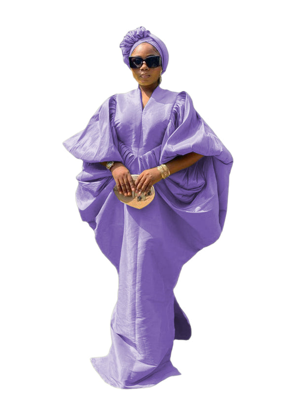 Lilac Raw Silk Fabric with Free Side Pleated Bubu Boubou dress with Turban