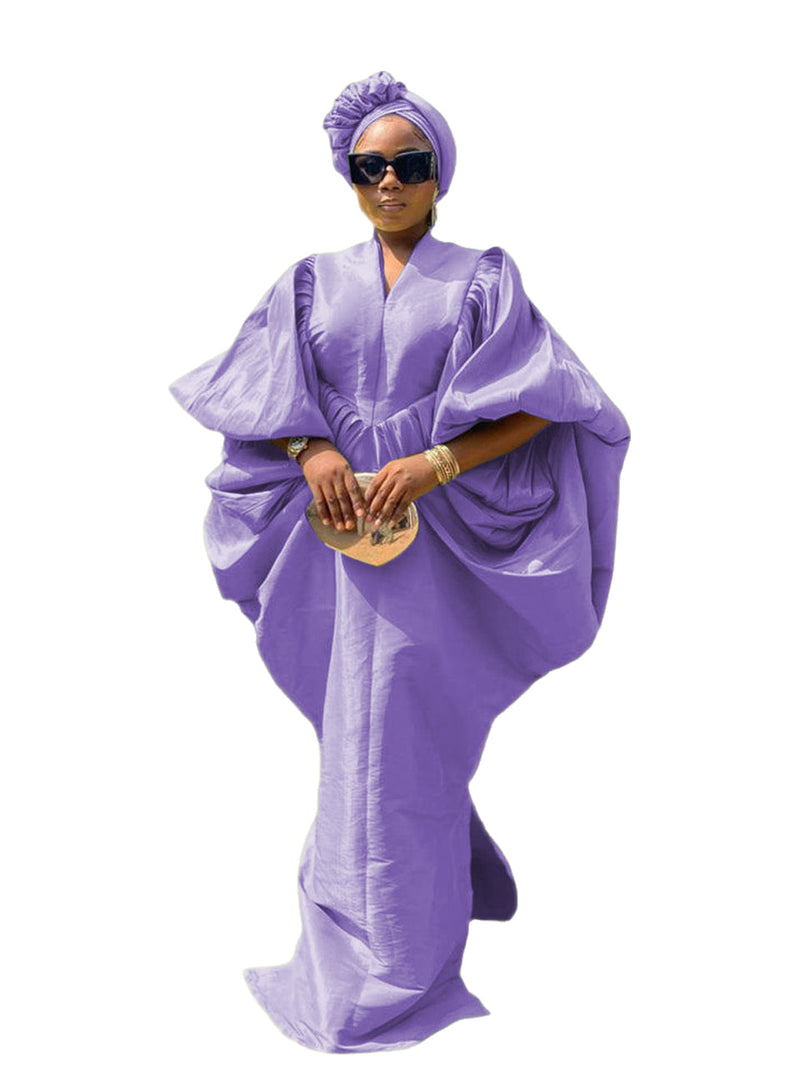 Lilac Raw Silk Fabric with Free Side Pleated Bubu Boubou dress with Turban