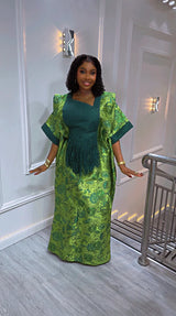 Luxury Green African Kaftan Dress for Women | Elegant Fringe Maxi Gown | Traditional Wedding & Party Outfit