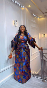 Luxury African Kaftan Maxi Dress for Women | Elegant Evening Party Gown | Floral & Black Satin Abaya Style Dress