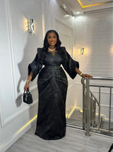 Luxury African Kaftan Maxi Dress for Women | Elegant Evening Party Gown | Floral & Black Satin Abaya Style Dress