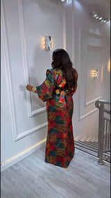 Luxury African Brocade Maxi Dress for Women Medium Size | Elegant Floral Evening Gown | Traditional Party & Wedding Outfit