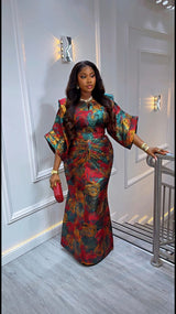 Luxury African Brocade Maxi Dress for Women Medium Size | Elegant Floral Evening Gown | Traditional Party & Wedding Outfit