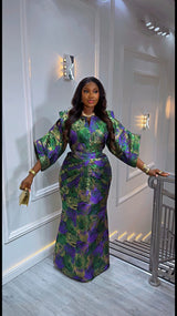 Luxury African Brocade Maxi Dress for Women | Elegant Traditional Evening Gown | Wedding & Party Outfit