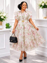 Women’s Floral Organza Midi Dress with Ruffle Sleeves, Belted Waist and Flowy Design