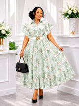 Women’s Floral Organza Midi Dress with Ruffle Sleeves, Belted Waist and Flowy Design