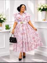 Women’s Floral Organza Midi Dress with Ruffle Sleeves, Belted Waist and Flowy Design